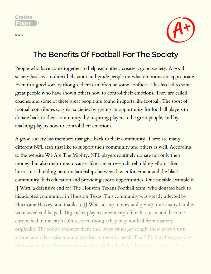 The Benefits Of Football For The Society [Essay Example], 733 words