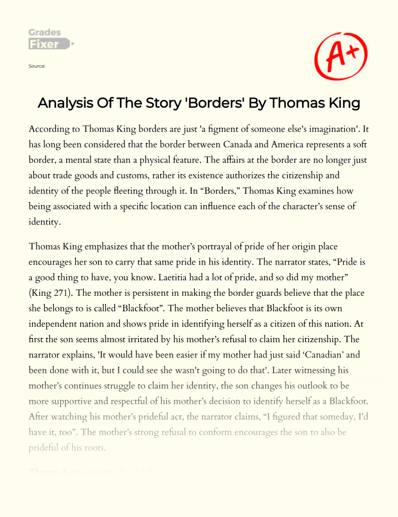 Analysis Of The Story 'Borders' By Thomas King [Essay Example], 726