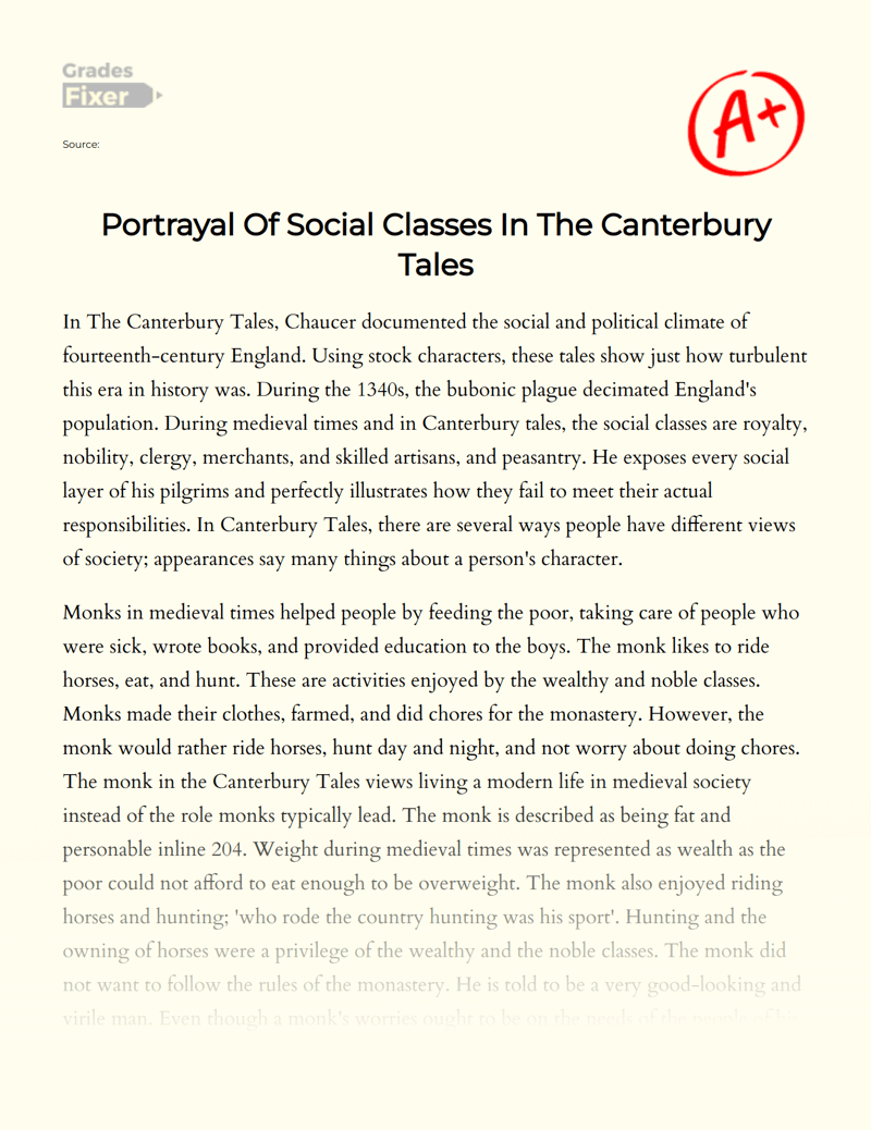 Portrayal Of Social Classes In The Canterbury Tales [Essay Example