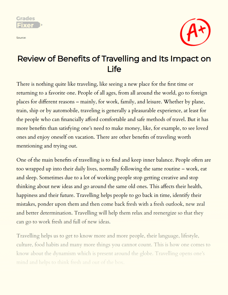 Review of Benefits of Travelling and Its Impact on Life [Essay Example
