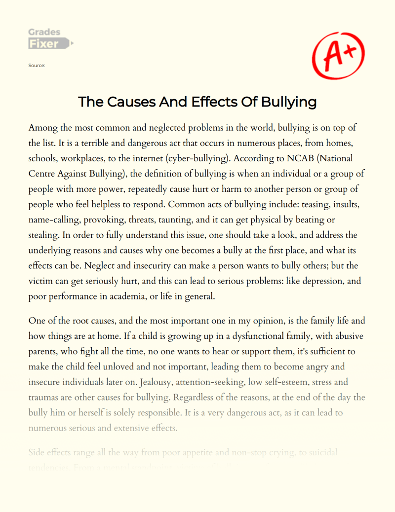 What are The Causes and Effects of Bullying [Essay Example], 583 words