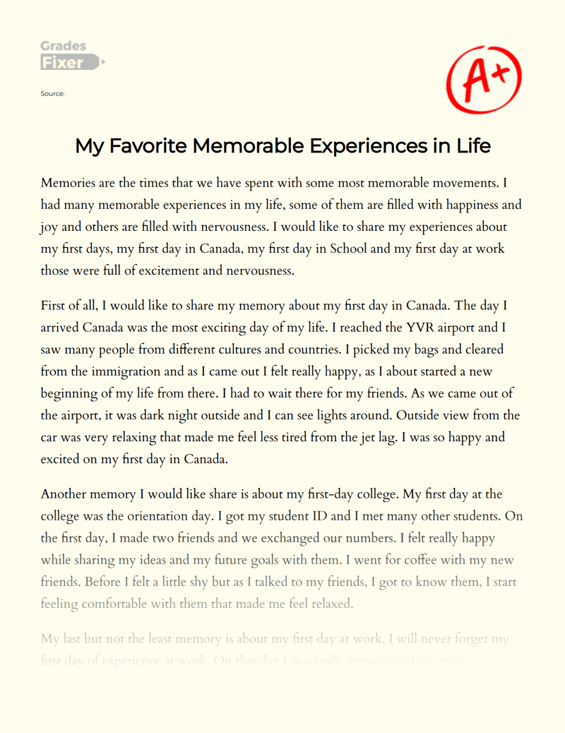 My Favorite Memorable Experiences in Life [Essay Example], 478 words