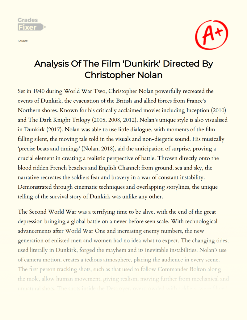 Analysis Of The Film 'Dunkirk' Directed By Christopher Nolan [Essay Example], 1252 words