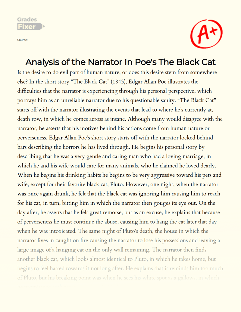 Analysis of the Narrator In Poe's The Black Cat [Essay Example], 1304