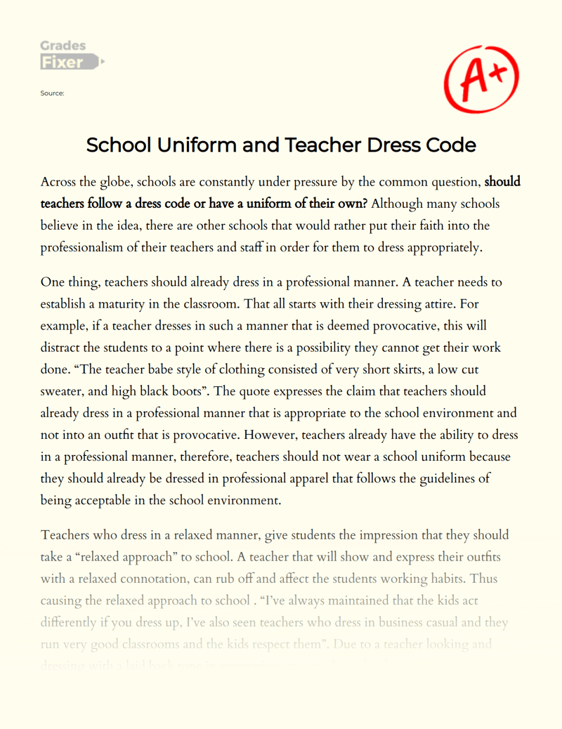 School Uniform and Teacher Dress Code [Essay Example], 1112 words