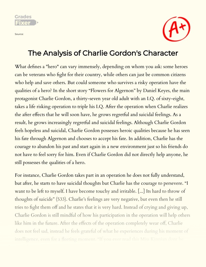 Analysis of Charlie Gordon's Character in Flowers For Algernon [Essay