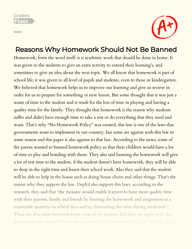 Reasons Why Homework Should Not Be Banned [Essay Example], 1205 words
