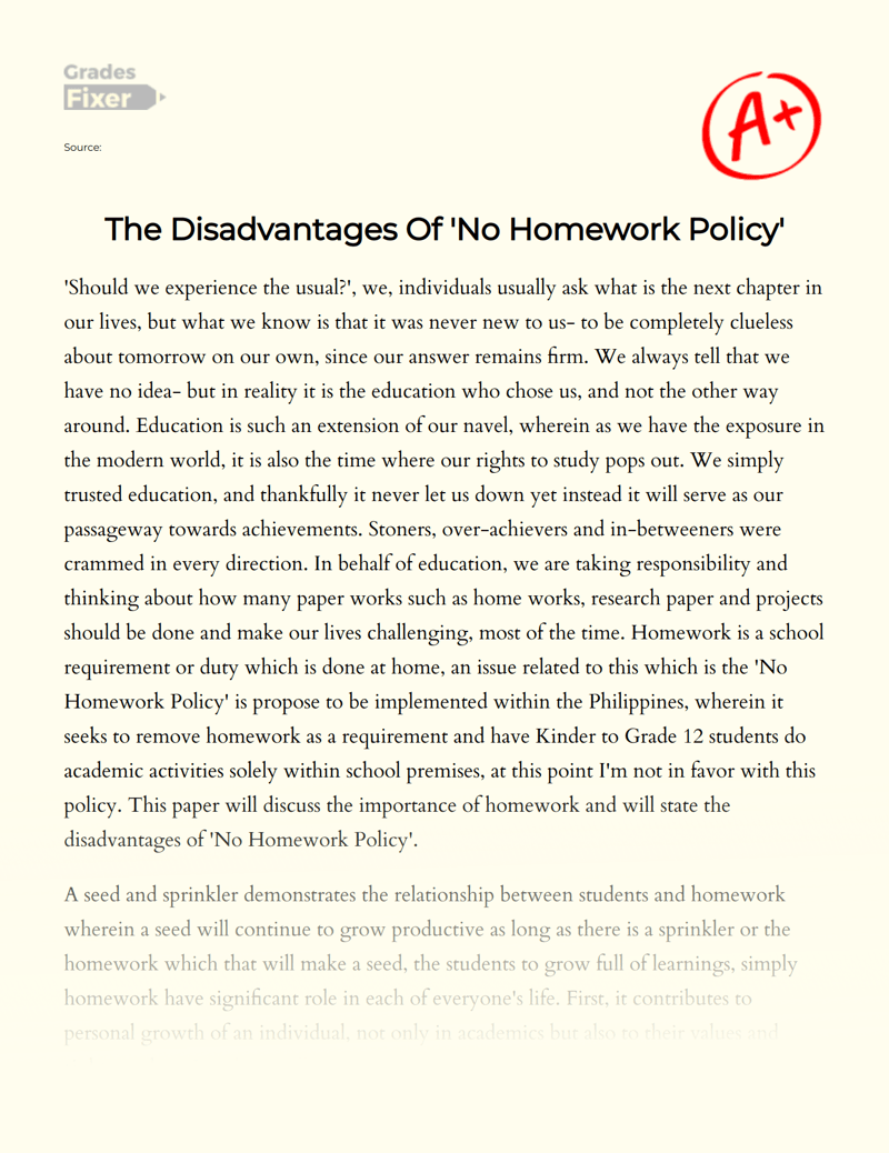 The Disadvantages Of 'No Homework Policy' [Essay Example], 1348 words