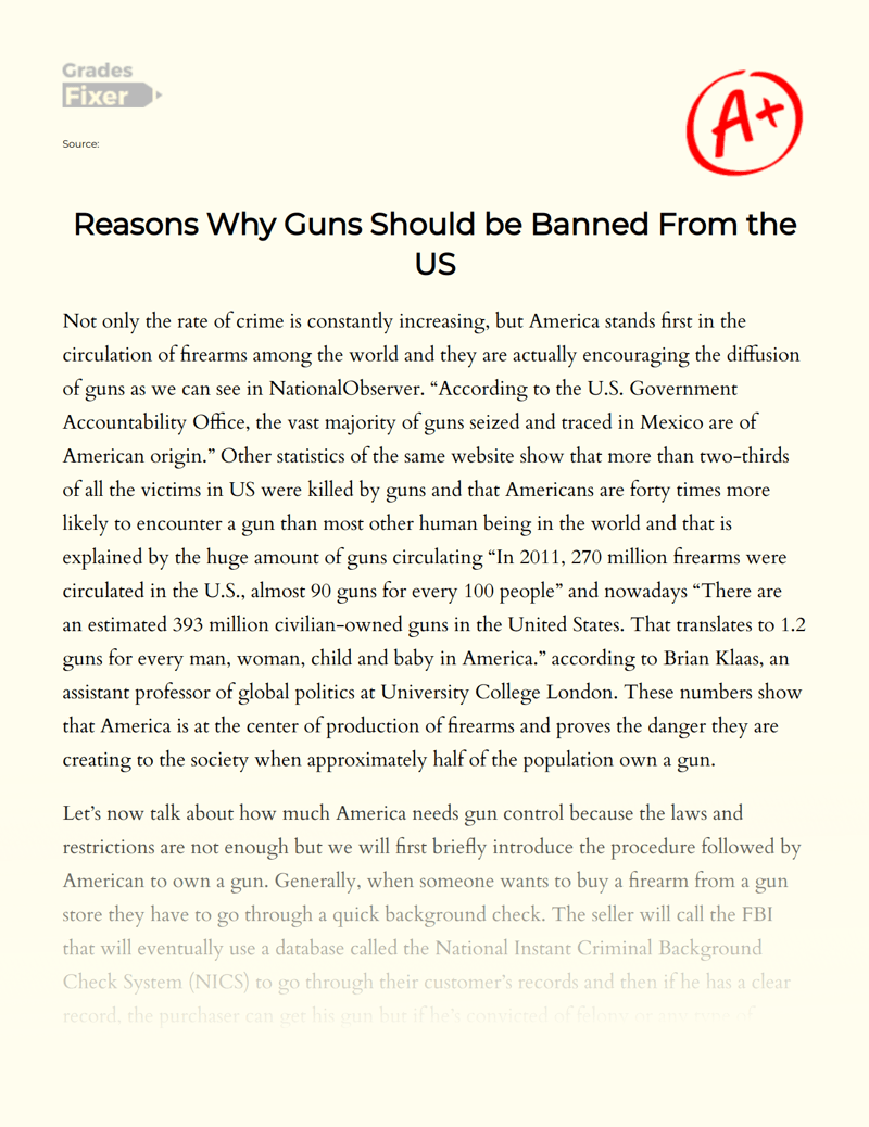 Reasons Why Guns Should be Banned From the US [Essay Example], 499