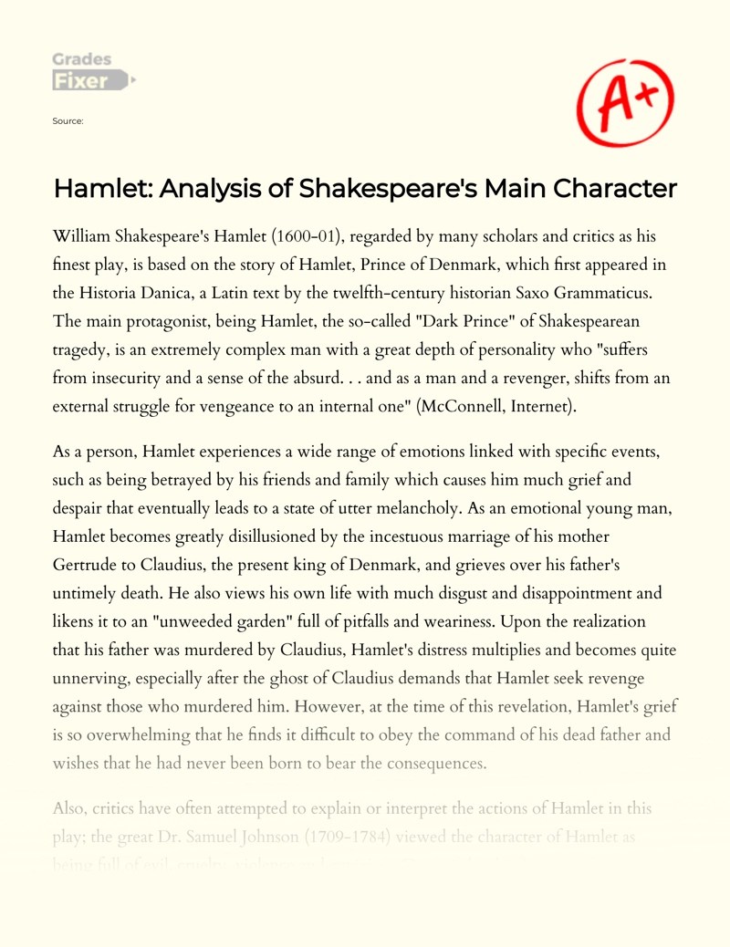Hamlet Analysis of Shakespeare's Main Character [Essay Example], 1267
