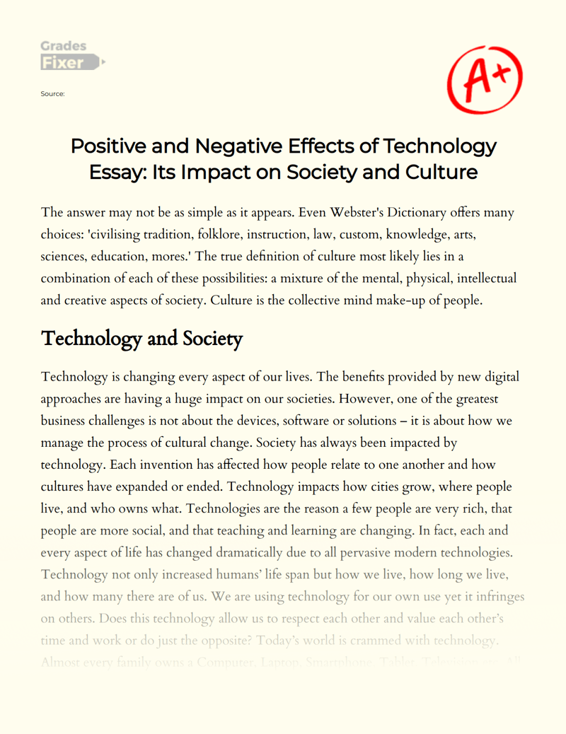 Effects of Technology Its Impact on Society and Culture [Essay