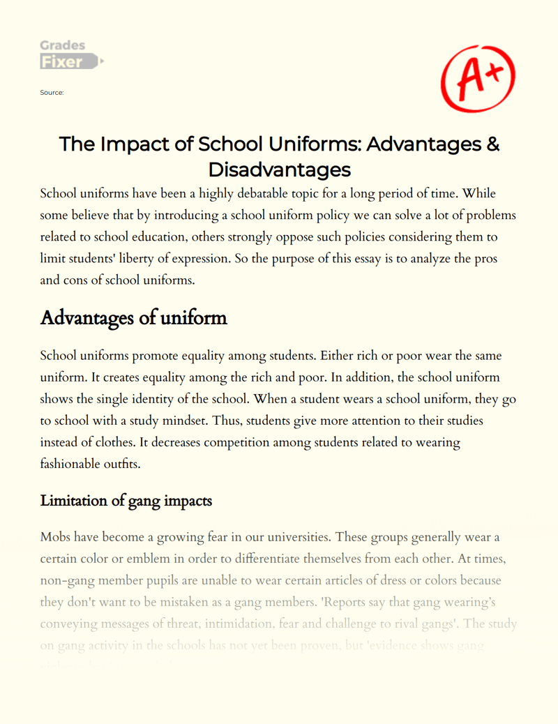 Education Policies The Pros And Cons Of School Uniforms [Essay