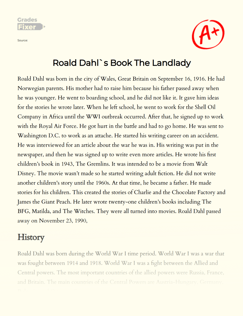 Roald Dahl`s Book The Landlady [Essay Example], 1281 words GradesFixer