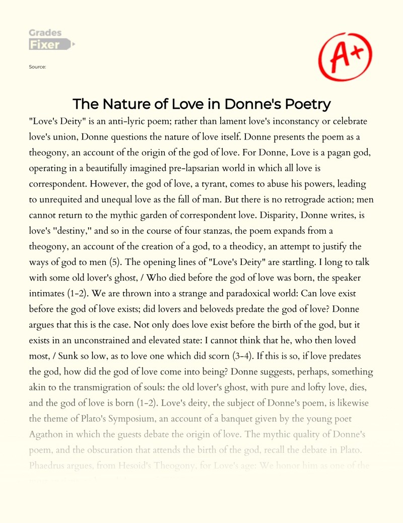 The Nature of Love in Donne's Poetry [Essay Example], 1787 words