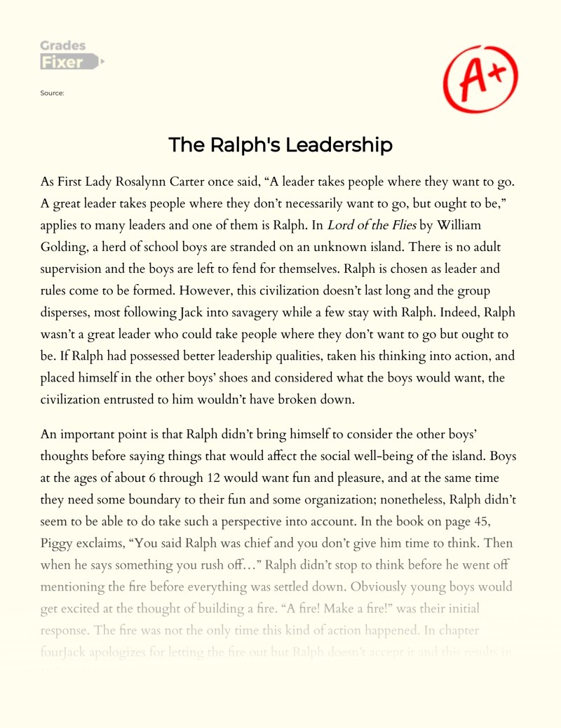 The Ralph's Leadership in the Lord of the Flies by William Golding