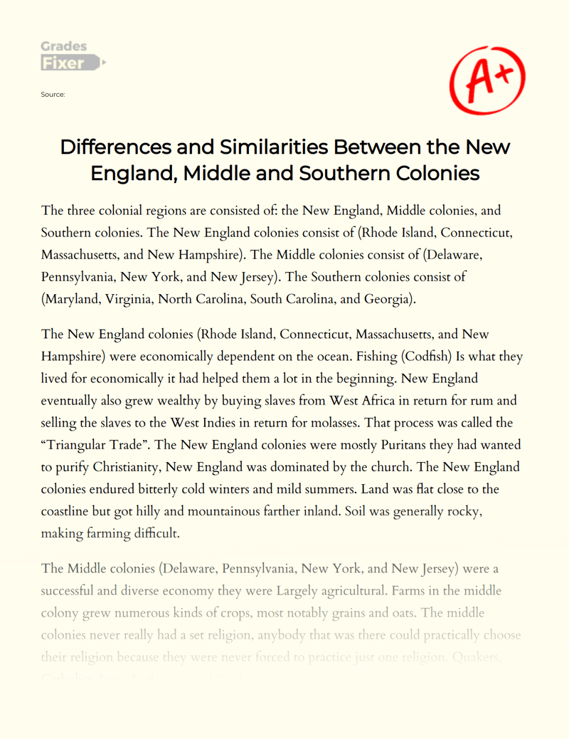 Differences and Similarities Between the New England, Middle and