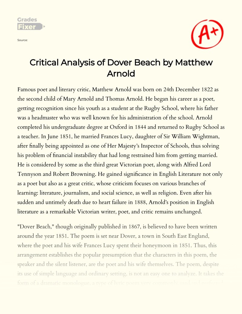 Critical Analysis of Dover Beach by Matthew Arnold [Essay Example