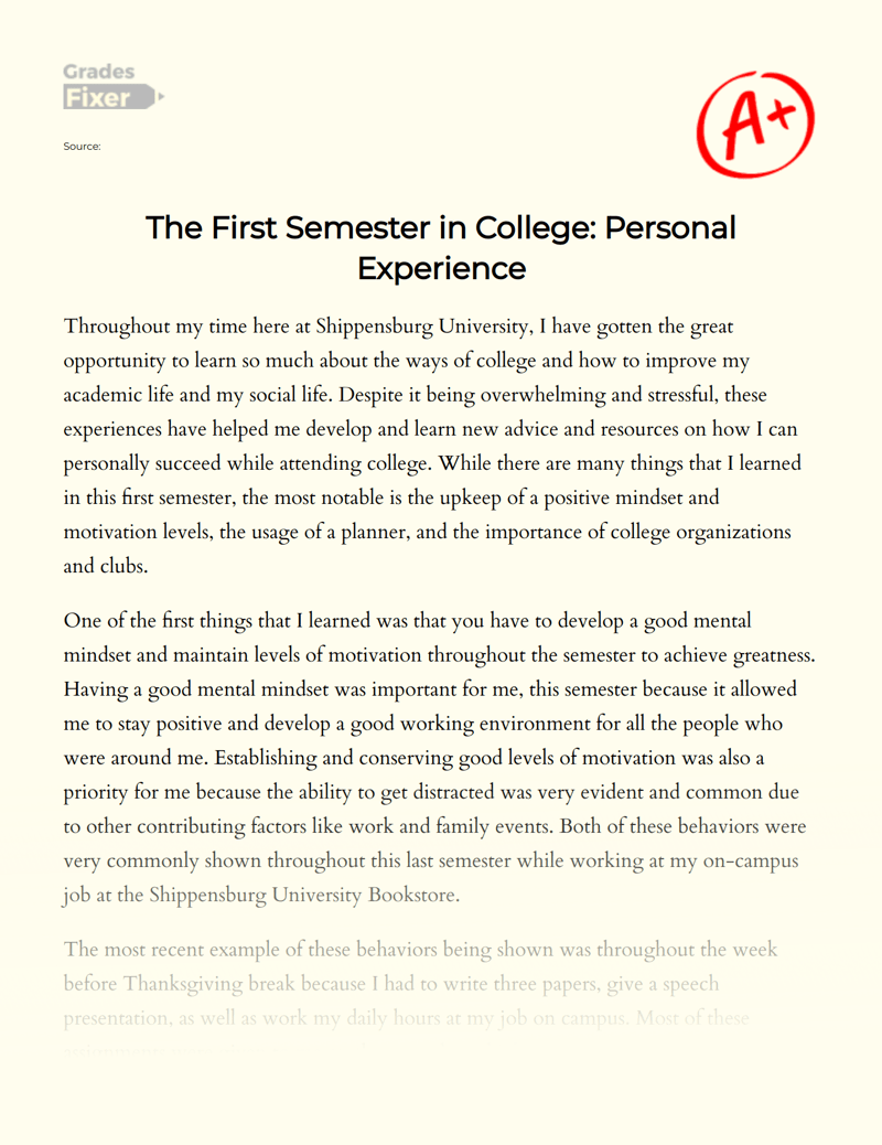 The First Semester in College Personal Experience [Essay Example(03)