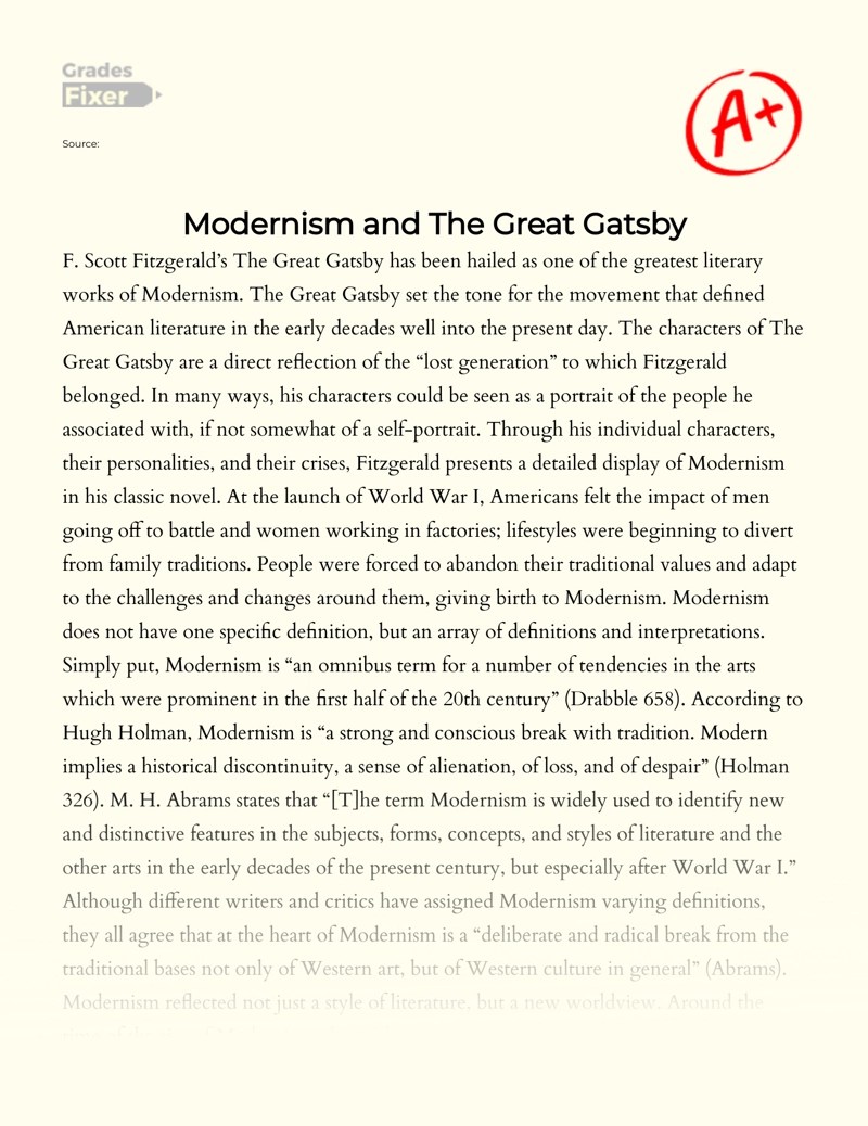 The Great Gatsby as the Work of Modernism [Essay Example], 1863 words