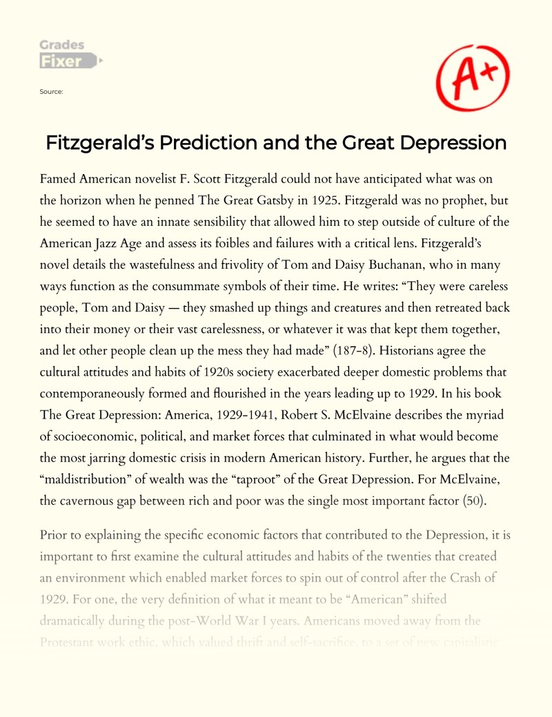 The Great Depression and F. Scott Fitzgerald's The Great Gatsby [Essay