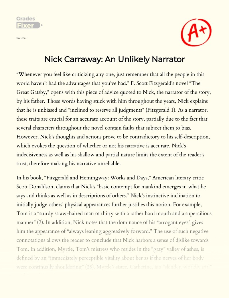 An Unlikely Narrator in The Great Gatsby [Essay Example], 1596 words