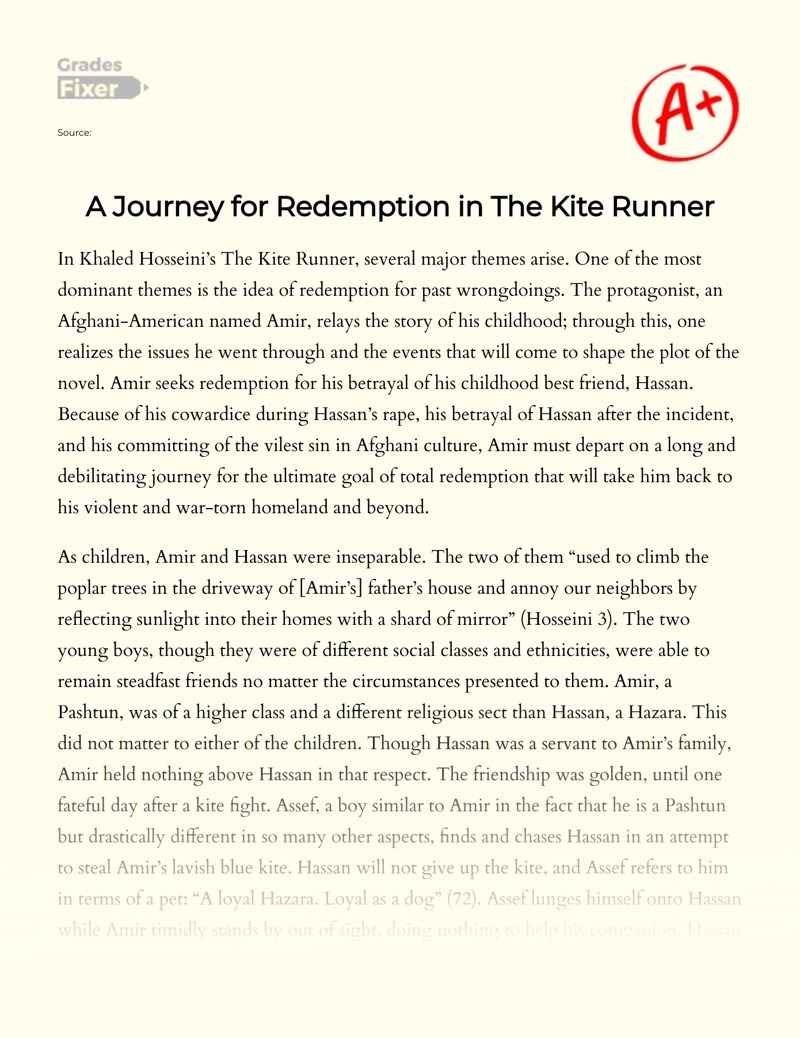 A Redemption Journey in "The Kite Runner" [Essay Example], 1009 words