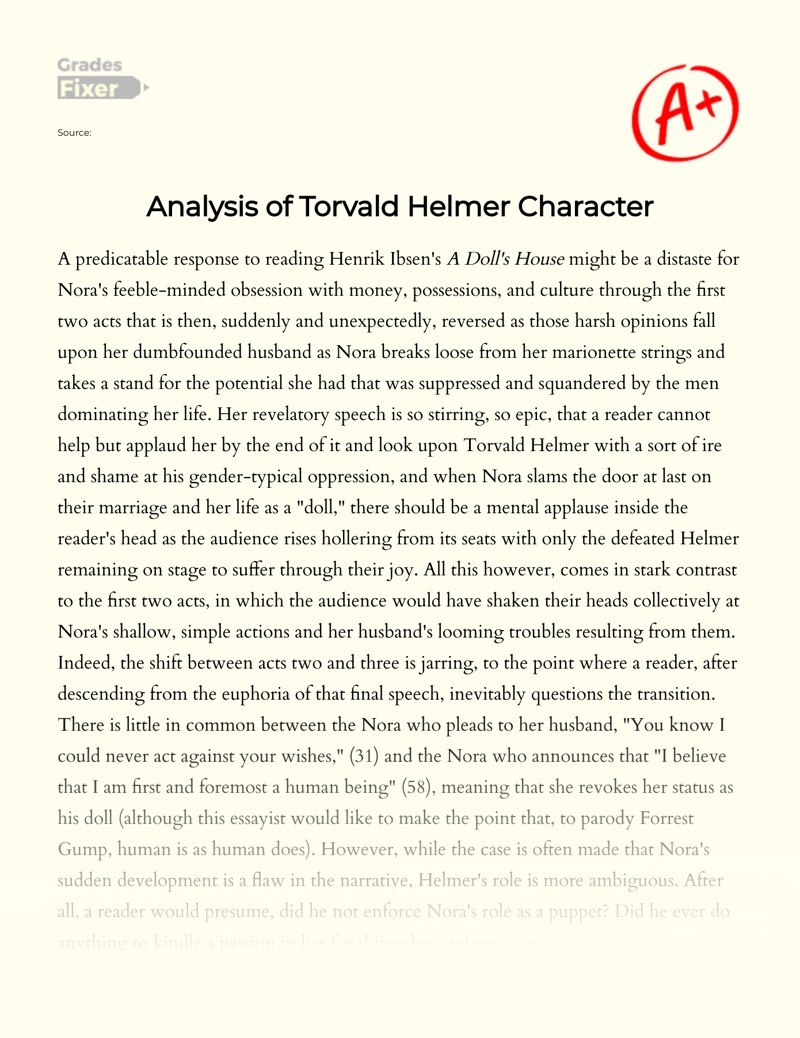 Analysis of Torvald Helmer Character in A Doll's House [Essay Example