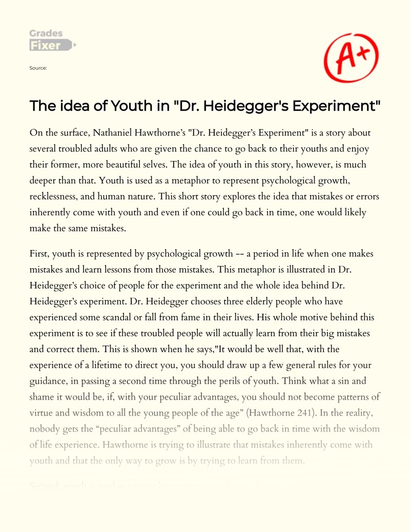 The idea of Youth in "Dr. Heidegger's Experiment" [Essay Example], 821