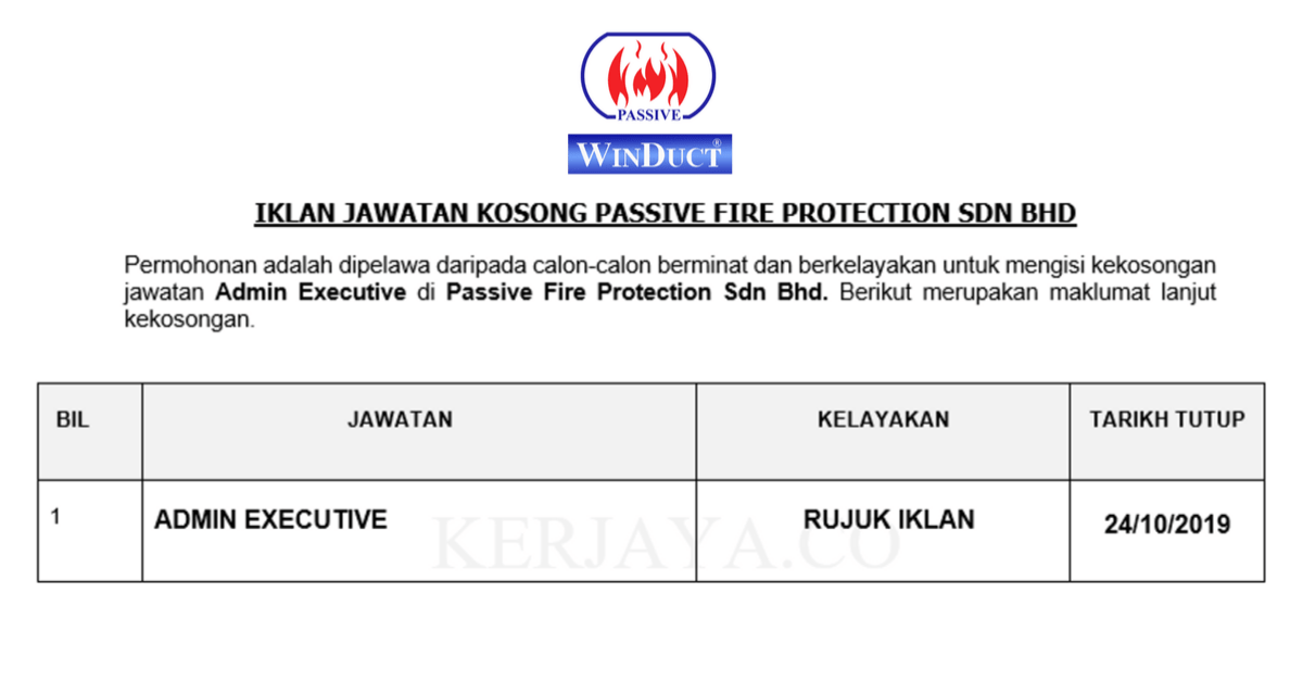 Permohonan Jawatan Kosong Passive Fire Protection Sdn Bhd Admin