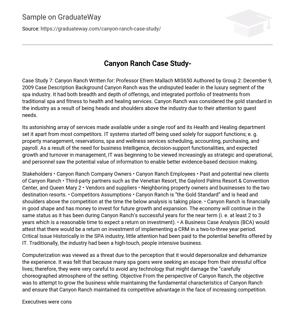 ⇉Canyon Ranch Case Study Essay Example GraduateWay