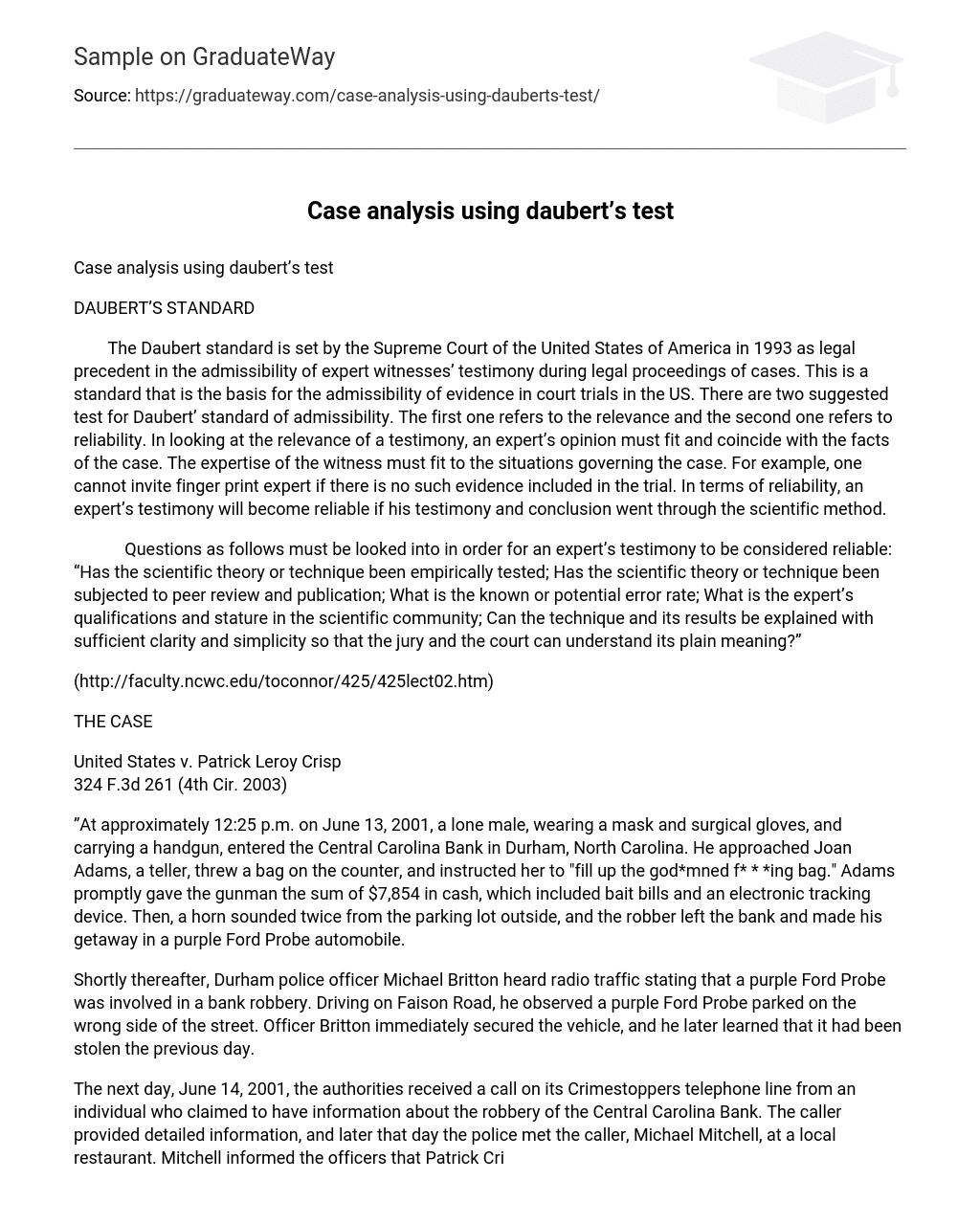 ⇉Case analysis using daubert’s test Essay Example GraduateWay