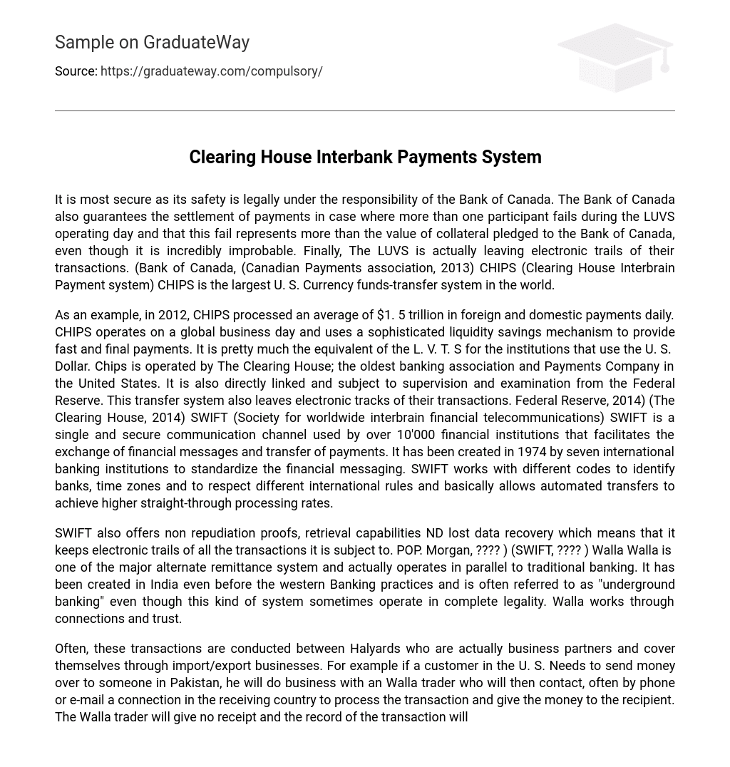 ⇉Clearing House Interbank Payments System Essay Example GraduateWay