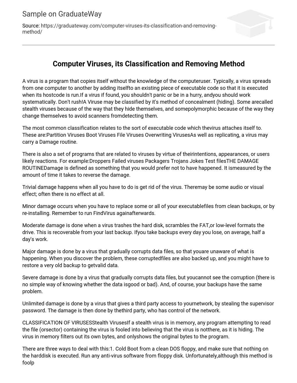 Viruses, its Classification and Removing Method Essay Example