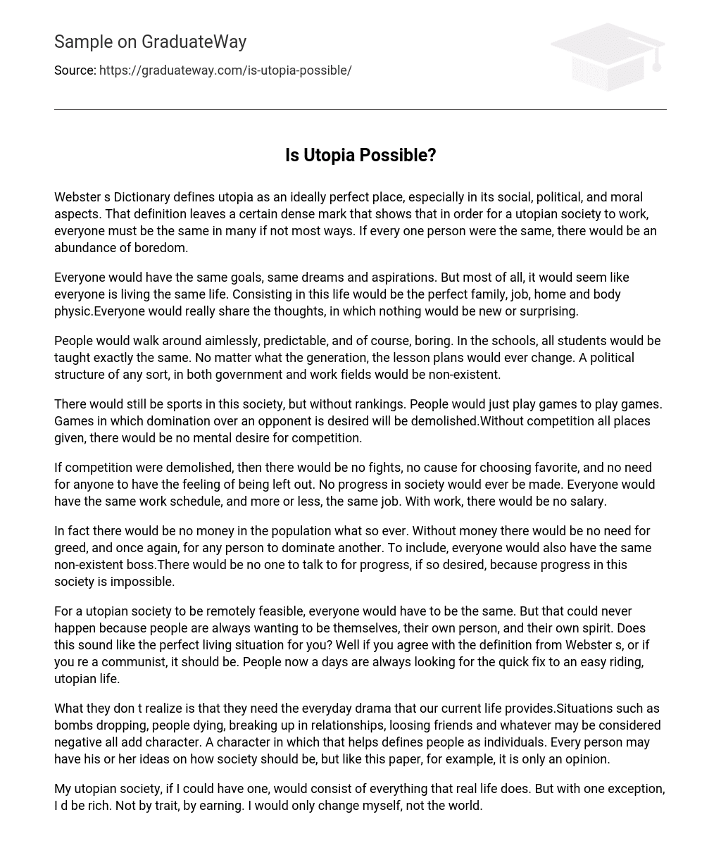 Is Utopia Possible? 538 Words Free Essay Example on GraduateWay