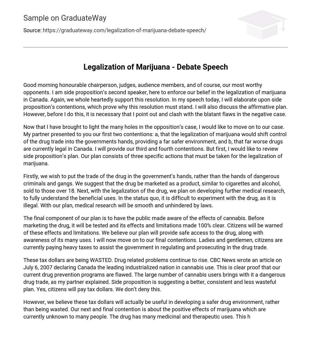 Legalization of Marijuana Debate Speech Essay Example GraduateWay