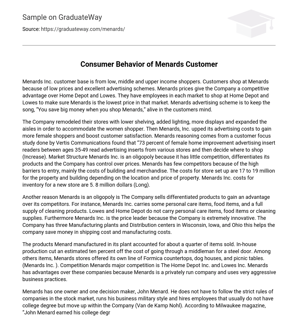 ⇉Consumer Behavior of Menards Customer Essay Example GraduateWay
