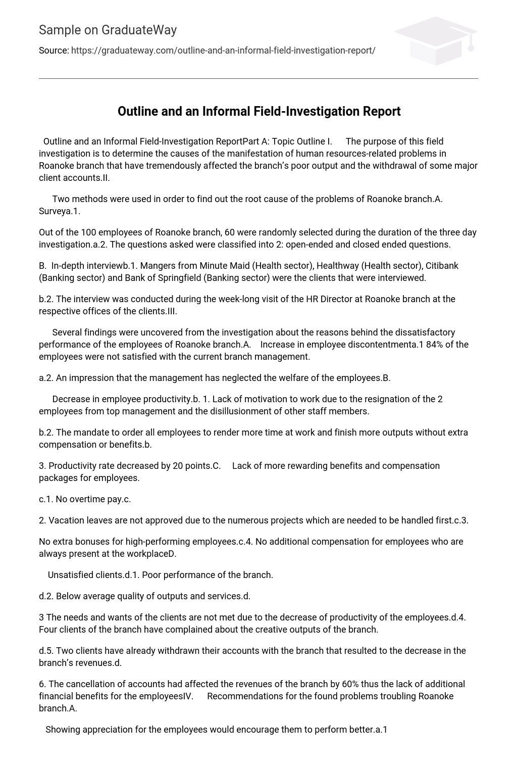 ⇉Outline and an Informal FieldInvestigation Report Essay Example