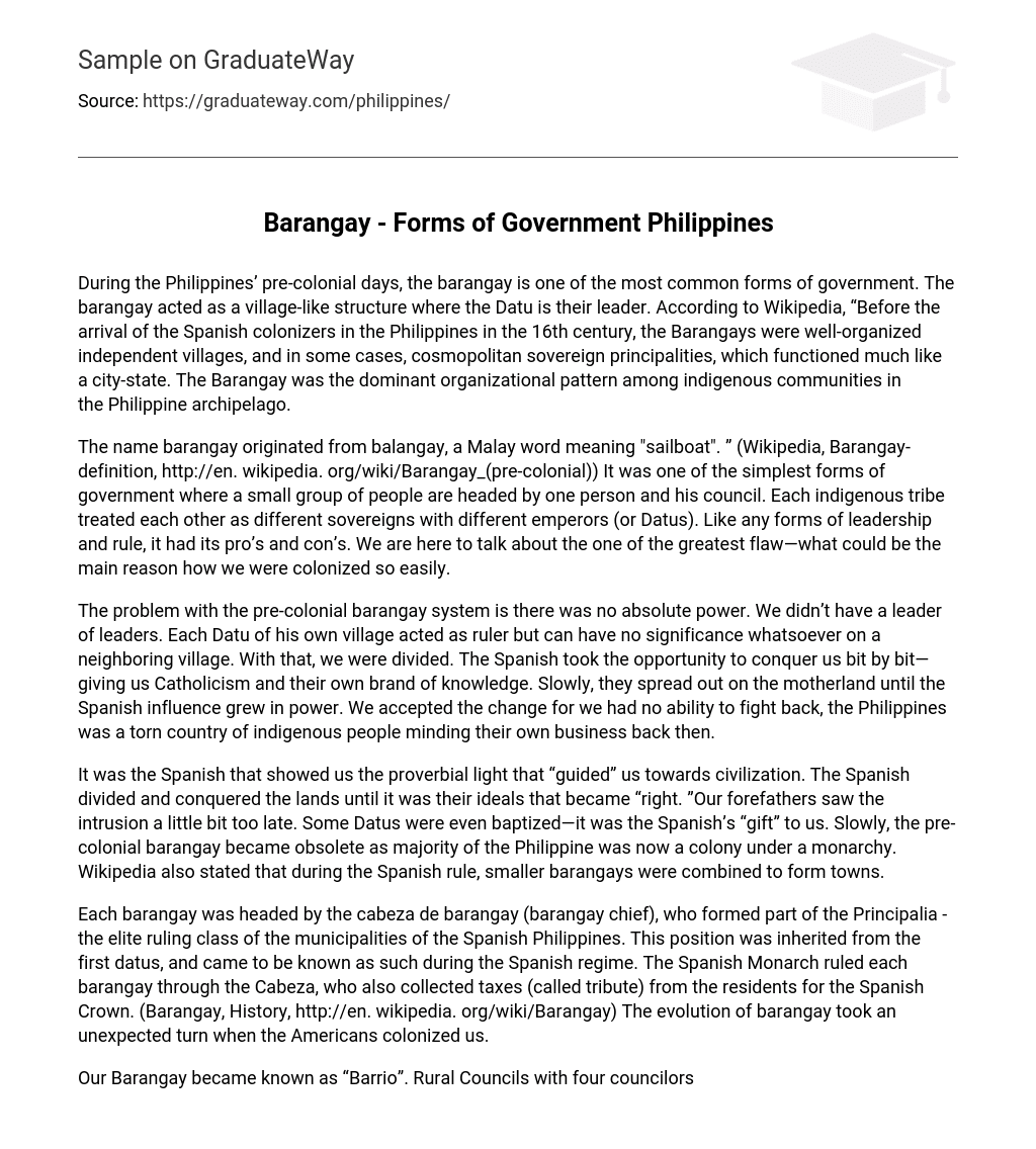 Barangay Forms of Government Philippines Essay Example GraduateWay
