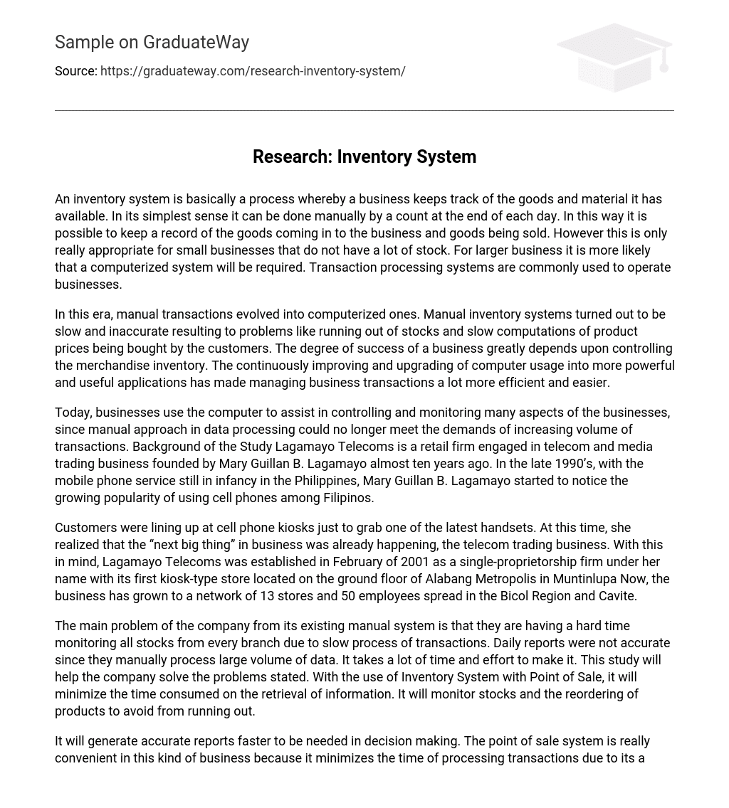 ⇉Research Inventory System Essay Example GraduateWay