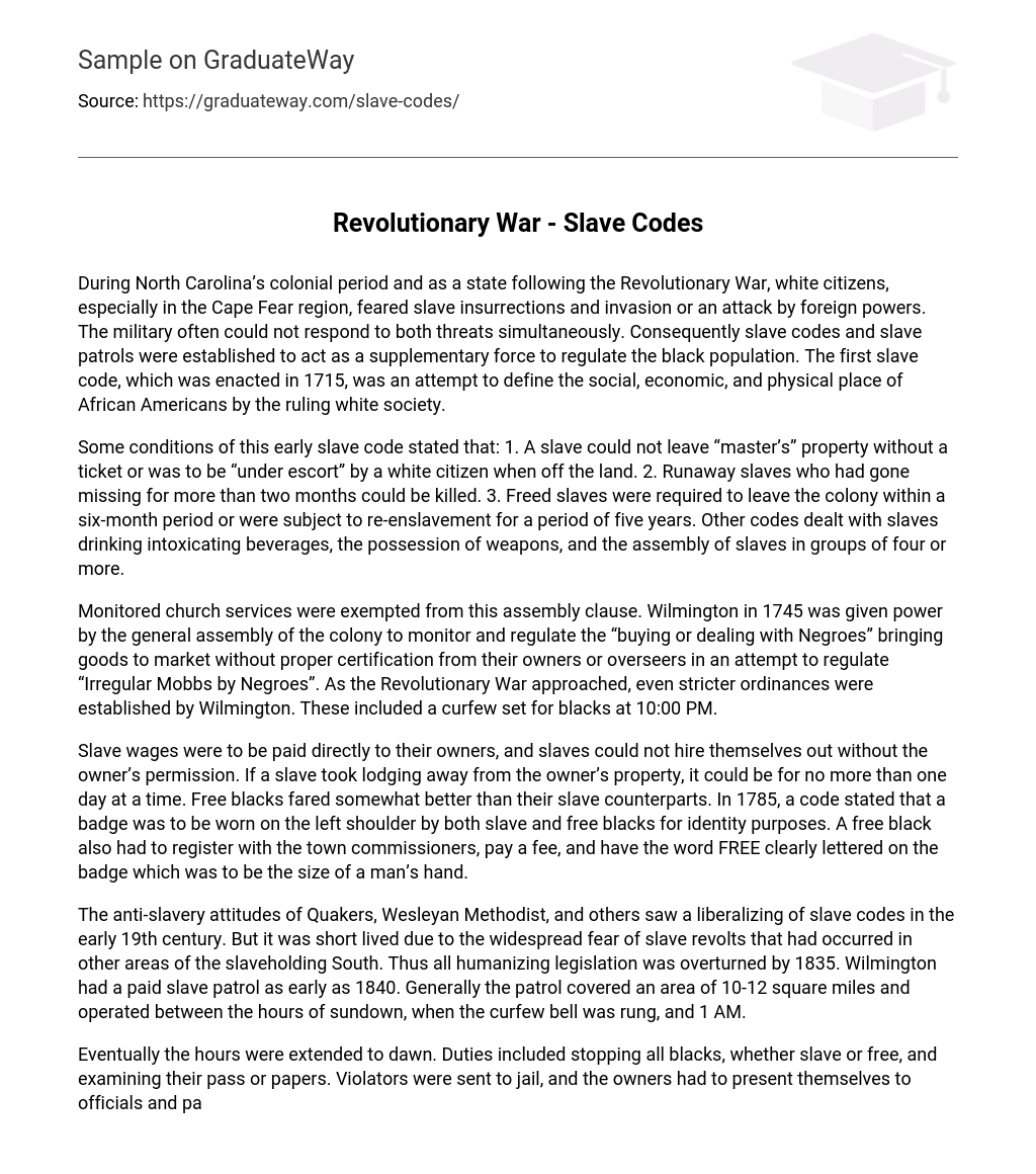 ⇉Revolutionary War Slave Codes Essay Example GraduateWay
