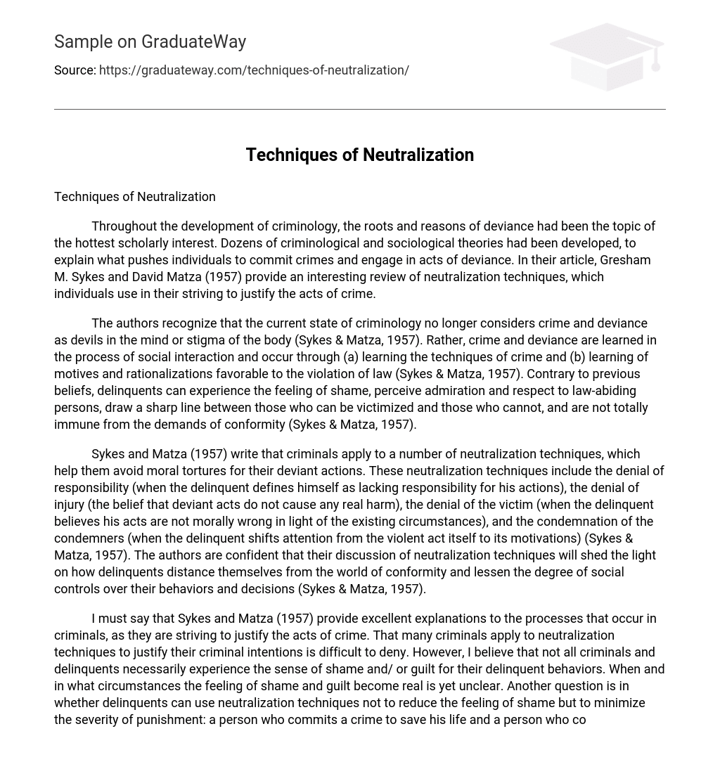 ⇉Techniques of Neutralization Essay Example GraduateWay