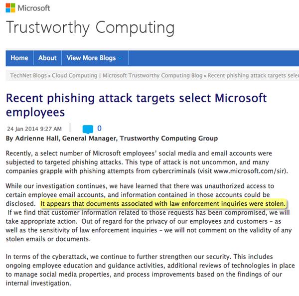 Microsoft admits hackers stole law enforcement documents