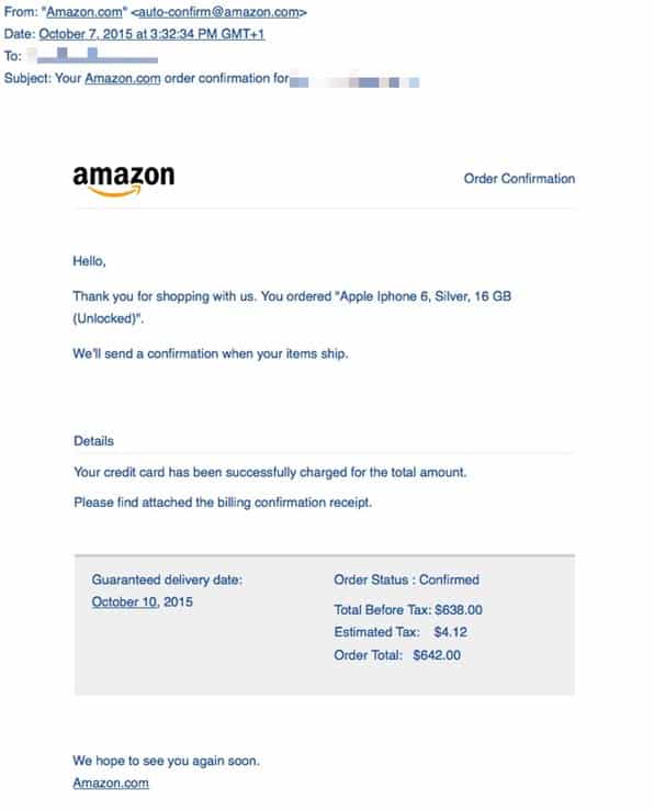 Beware! Amazon iPhone order email has malware attached • Graham Cluley