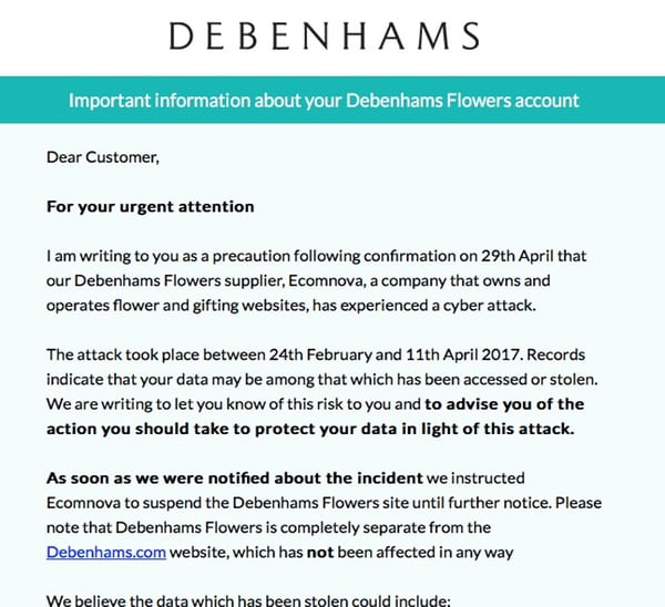Debenhams warns flowerbuying customers after website hacked for over