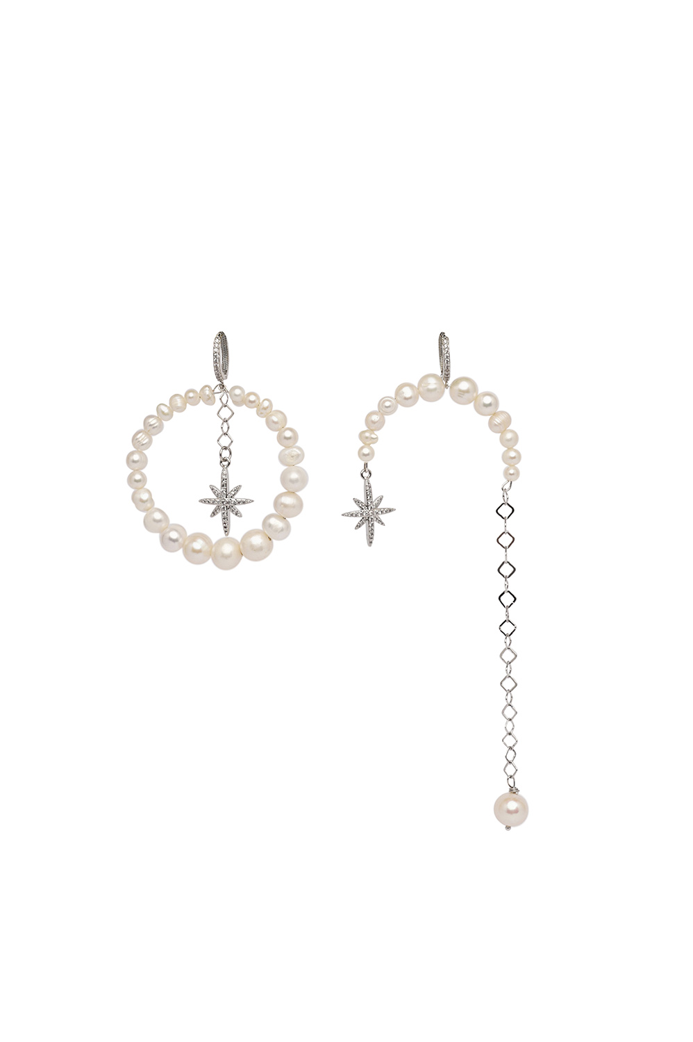 ASYMMETRICAL PEARLS EARRINGS WITH "MORNING STAR" SILVER Grains De Verre