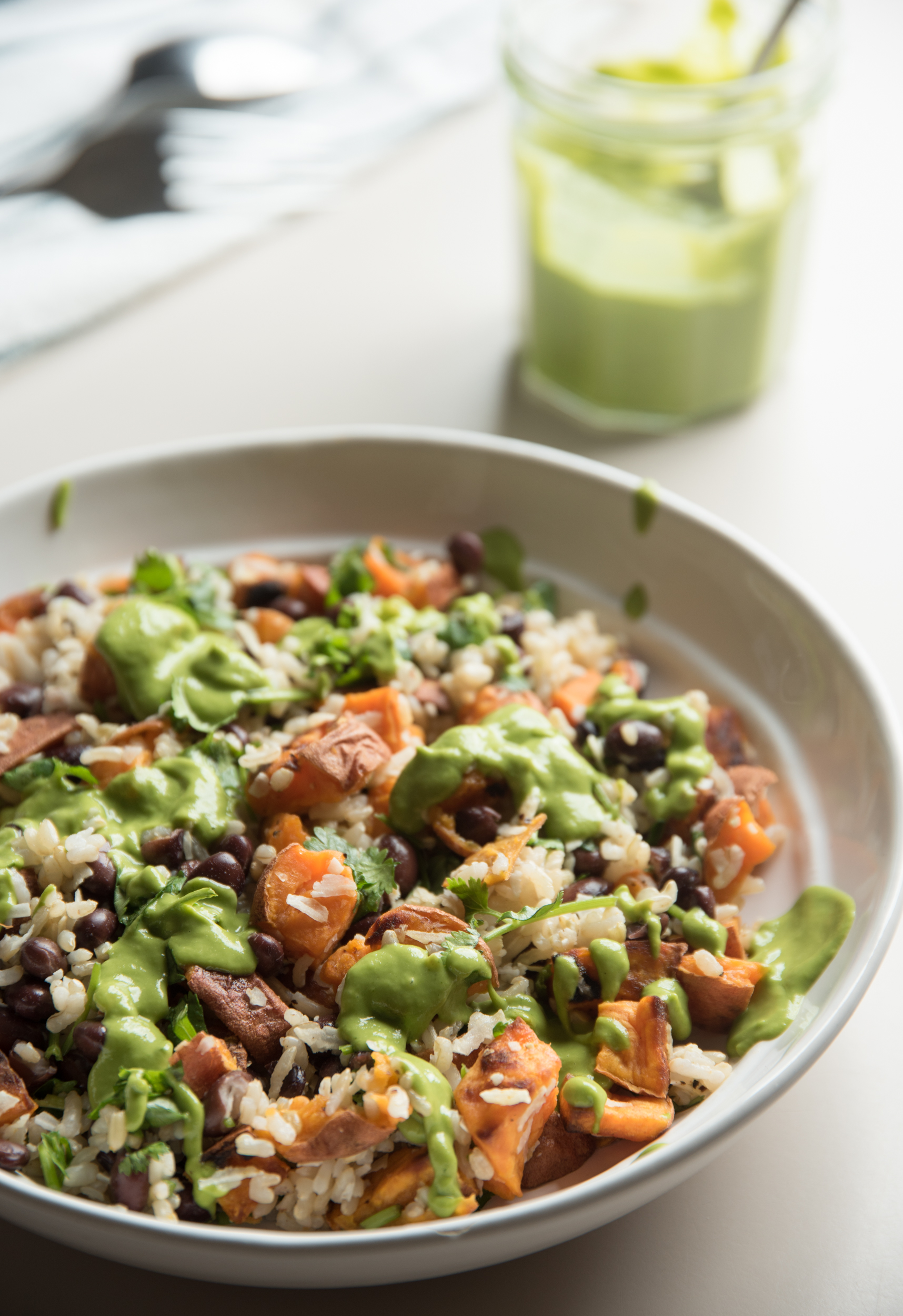 Sweet Potato and Black Bean Brown Rice with Avocado Cilantro Sauce
