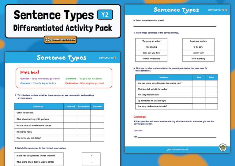 Year 2 + Sentence Types Differentiated Pack Grammarsaurus