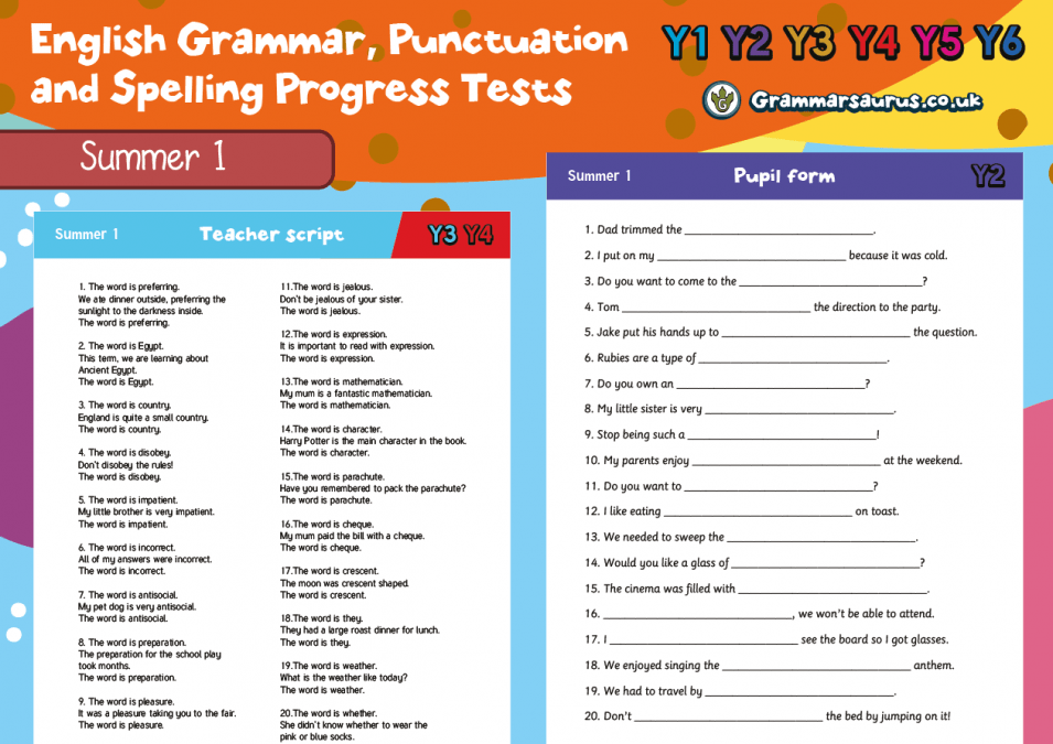 Year 1 English Grammar, Punctuation and Spelling Progress Tests
