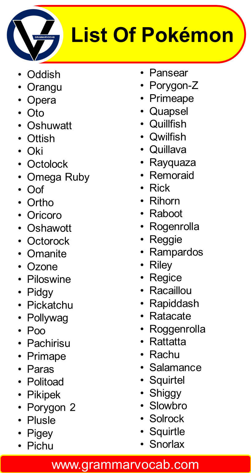 List Of Pokémon Pokemon Starting With A To Z GrammarVocab
