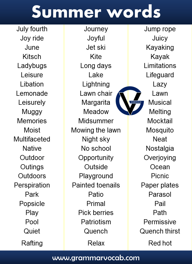 List Of Summer Words GrammarVocab